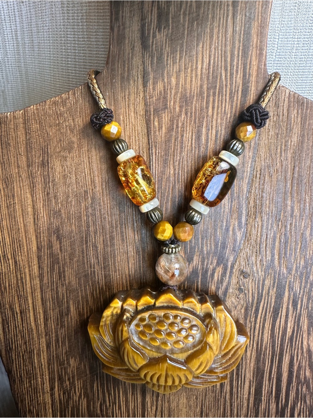 Tiger’s Eye Lotus Pendant Necklace with Golden Rutile and Amber on Rope - Picture 14 of 16